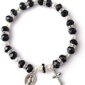 Elegant Black Beaded Stretch Rosary Bracelet with Crucifix & Miraculous Medal